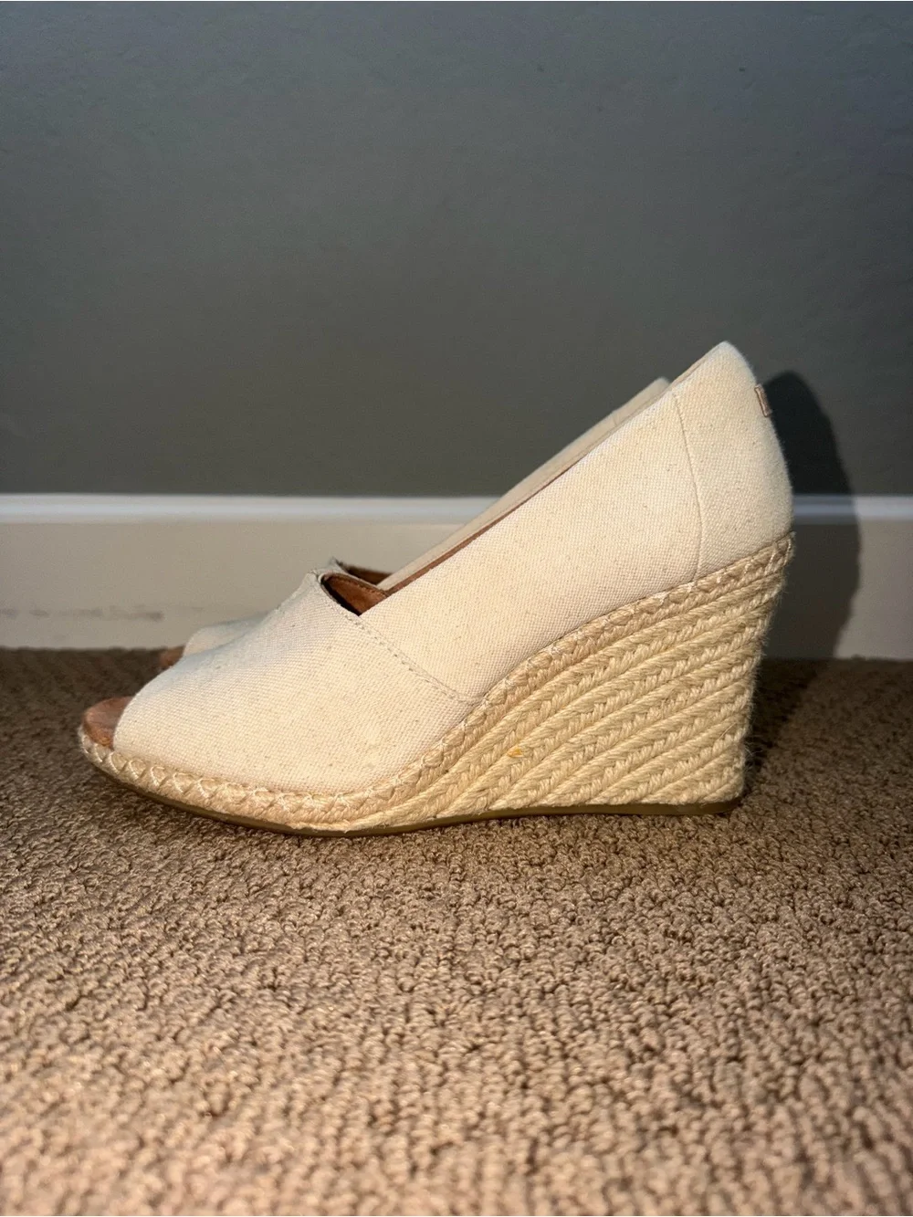 Toms Cream Canvas Espadrille Peep-Toe Wedge
